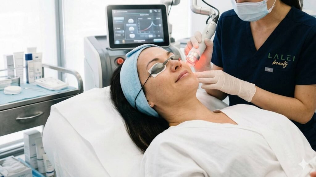 A professional aesthetician, representing Carolina Torres IV at Lalei Beauty in Avon Park, performing a sterile advanced facial treatment on a client, using a specialized serum labeled 'PDRN-SALMON DNA'