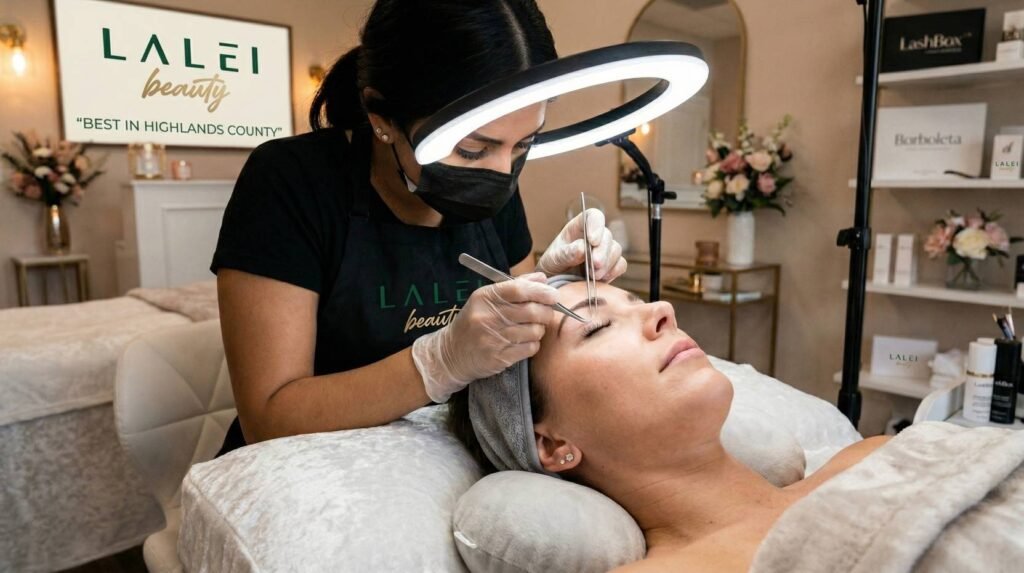 Gemini dijo A technician at LALEI Beauty wearing a black mask and gloves carefully applies eyelash extensions to a client using tweezers under a bright ring light. In the background, a sign reads "BEST IN HIGHLANDS COUNTY" alongside shelves of beauty products.